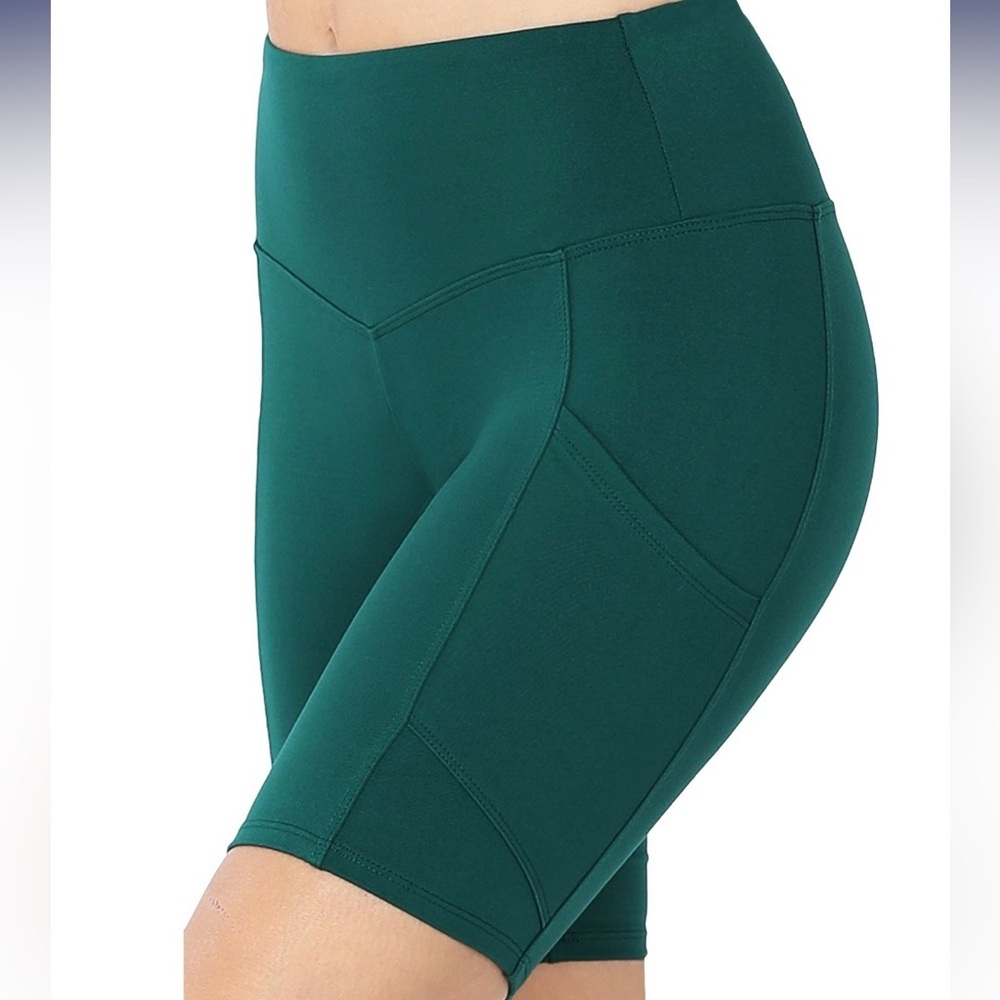 Zenana Outfitters Deep Green Bike Shorts High-Waisted Seamless- NWOT - Picture 2 of 4